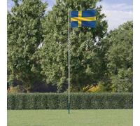 Kaloriko Drapeau de la Suède avec mât en Aluminium 6,08 m, Drapeau Manche 90 x 150 cm, pavillon sectionnel pour Jardin, Maison, terrasse, fête, événement, Installation Stable et Usage extérieur