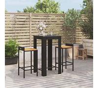 Kaloriko Ensemble de bar de jardin 3 pièces noir en rotin synthétique et bois d'acacia massif, tabouret, 40 x 44 x 86 cm, pour terrasse, balcon, salle à manger d'extérieur