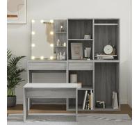 Kaloriko Ensemble de coiffeuse gris Sonoma en bois avec éclairage LED et miroir, tabouret, armoire supérieure, armoire inférieure, espace de rangement pour meubles de chambre à coucher, système de