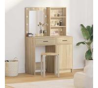 Kaloriko Ensemble de coiffeuse LED avec tiroir miroir et tiroir en chêne Sonoma - 2 pièces - Table cosmétique avec éclairage, étagère, espace de rangement, tabouret pour chambre à coucher, chambre