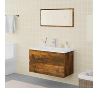 Kaloriko Ensemble de meubles de salle de bain en bois de chêne fumé avec lavabo, miroir, meuble bas 80 x 39,5 x 45 cm, tiroir, espace de rangement, montage mural, kit complet de salle de bain pour WC