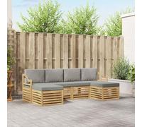 Kaloriko Ensemble Meuble canapé 6 pcs Blanc et Gris Clair modulable en Polyester pour Salon extérieur séjour Bureau Chambre avec Coussins Confortables Design à Lattes Bois Naturel Facile à Entretenir