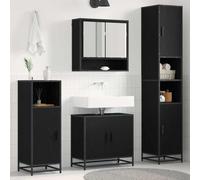 Kaloriko Ensemble Meuble de Salle de Bain 3 pcs chêne Noir Bois d'ingénierie Design Moderne Mural avec Miroir Vasque Colonne Grande capacité Rangement Compact élégant