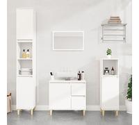 Kaloriko Ensemble Meuble Salle Bain Blanc Bois d'ingénierie 3 pcs avec Armoire Colonne et lavabo, Rangement Compact avec Pieds en Bois d’Eucalyptus, Design Moderne pour Douche et buanderie