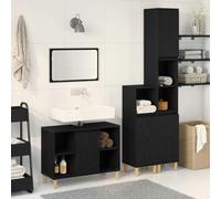 Kaloriko Ensemble Meuble Salle de Bain 3 pcs Noir Bois d'ingénierie avec Rangement, Armoire Colonne, Vasque et Miroir, Design Moderne Compact pour Toilette Douche buanderie, Pratique