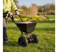 Kaloriko Épandeur semoir Noir à Pousser, Distributeur d Engrais et de semence, Chariot Rotatif en PVC et Acier, Roues en Caoutchouc, limiteur réglable pour Gazon, pelouse, Jardin extérieur, Neige