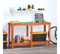 Kaloriko Établi avec étagère en bois de pin massif brun ciré 140 x 50 x 80 cm, robuste, idéal pour atelier, bricolage, garage, rangement d'outils, chantier, avec roulettes et surface résistante