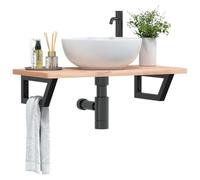 Kaloriko Étagère de Vasque Murale Acier Noir et Bois Massif de hêtre pour Meuble lavabo, Rangement Suspendu Salle de Bain, Support trapèze Robuste 80x40 cm, Gain Place pour Serviettes et Accessoires