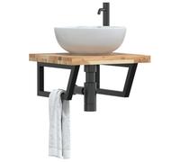 Kaloriko Étagère de Vasque Murale en Acier avec Plateau Bois Massif d'acacia 50x50 cm, Support trapèze, Meuble lavabo Suspendu pour Salle Bain, Rangement tiroir et Porte Simple