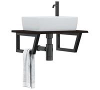 Kaloriko Étagère de Vasque Murale en Acier Noir et Bois de chêne Massif Marron foncé 60x50x2 cm, Support trapèze Robuste 100 kg, Rangement Salle de Bain, pour Vasque Simple ou Double