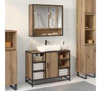 Kaloriko Étagère Murale chêne Artisanal 65 x 20 x 60 cm avec Miroir, 3 étagères, 2 Portes, Rangement intérieur pour Salle de Bain, Meuble lavabo sous Vasque, Colonne Suspendue Gain Place