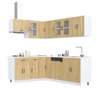Kaloriko Kalmar Lot de 11 armoires de cuisine en chêne Sonoma avec armoire suspendue, armoire inférieure, tiroir, étagère, espace de rangement et plan de travail pour cuisine et cave