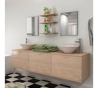 Kaloriko Lot de 10 meubles de salle de bain avec 2 lavabos en céramique, robinets, armoire, miroirs, étagères, bois beige, 180 x 45 x 45 cm, peu encombrant, pour WC et lavabo d'invités