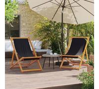 Kaloriko Lot de 2 chaises de plage pliantes, noires, en bois d'eucalyptus massif et tissu polyester, résistantes aux intempéries, avec dossier réglable