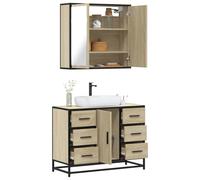 Kaloriko Lot de 2 meubles de salle de bain en chêne Sonoma avec lavabo, armoire miroir et meuble bas 80 x 33 x 60 cm, matériau en bois avec structure en métal pour salle de bain, montage mural, espace