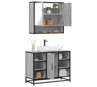 Kaloriko Lot de 2 meubles de salle de bain gris Sonoma en bois avec lavabo et armoire à miroir, peu encombrant, avec espace de rangement et tiroir, pour salle de bain, WC d'invités, montage mural