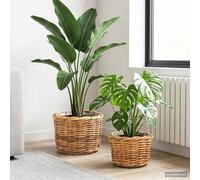 Kaloriko Lot de 2 pots de fleurs en rotin Kubu marron avec doublure imperméable amovible - Rond 35 x 24 cm et 10,5 x 18 cm - Pour salon, jardin, décoration bohème, rangement