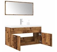 Kaloriko Lot de 3 meubles de salle de bain aspect bois vieilli avec lavabo, miroir, meuble bas 90 x 38,5 x 46 cm, espace de rangement, peu encombrant, montage mural, organisateur de salle de bain
