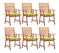 Kaloriko Lot de 6 chaises de salle à manger de jardin, avec coussins, vert clair, bois d'acacia massif, design à lattes, 56 x 62 x 92 cm, résistantes aux intempéries, empilables, avec accoudoirs, pour