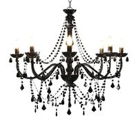 Kaloriko Lustre Suspension Noir à Perles, plafonnier 8 Ampoules E14, luminaire en métal et Acrylique 80 x 75 cm, éclairage intérieur pour Salon Salle à Manger Chambre Bureau Ambiance Vintage