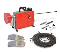 Kaloriko Machine de nettoyage de tuyaux 250 W avec 15 m de spirale de 16 mm, 4,5 m de spirale adaptateur de 9,5 mm, kit de tête de forage, panier en spirale, clés, gants en cuir pour la maison, la