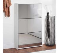 Kaloriko Meuble à Chaussures 3 étagères Blanc avec Miroir 63x17x102,5 cm, Rangement modulable pour entrée Chambre vestiaire avec tiroirs, Support Mural