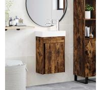 Kaloriko Meuble de salle de bain avec lavabo et mitigeur, chêne fumé Engineered Wood, 40,5 x 22,5 x 62 cm, montage mural, avec grand espace de rangement et porte réversible pour salle de bain
