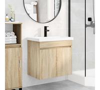 Kaloriko Meuble de Salle de Bain en Bois d'ingénierie Chêne Sonoma avec lavabo céramique, Robinet mélangeur Noir, Armoire Suspendue, Rangement tiroir et Porte