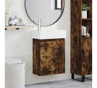 Kaloriko Meuble sous lavabo de salle de bain avec lavabo en céramique blanche et robinet argenté, chêne fumé, 45,5 x 25,5 x 84 cm, avec espace de rangement, bonde poussoir, montage mural