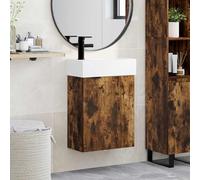 Kaloriko Meuble sous lavabo de salle de bain en bois avec lavabo en céramique, mitigeur de salle de bain noir, espace de rangement, porte réversible, montage mural, design moderne pour salle de bain