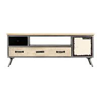 Kaloriko Meuble TV en Bois de manguier Massif et Acier 120x30x45 cm avec 2 tiroirs 1 Placard et Compartiment, Support Console de Rangement pour Salon séjour Bureau Design Industriel Stable