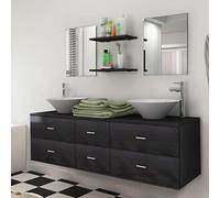 Kaloriko Meubles de Salle de Bain 9 pcs Ensemble Complet Noir avec lavabo en céramique, Robinet chromé, Armoire Murale 150x45x45 cm, Miroir 50x40 cm, étagères 40x40 cm