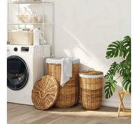 Kaloriko Panier à Linge avec Couvercle 2 pcs Brun Naturel en rotin kubu, Panier Corbeille en Tissu belacu, poignées intégrées, Grand et Petit Format, Rangement Chambre buanderie, Tissage Rustique
