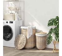 Kaloriko Panier à Linge avec Couvercle 2 pcs en rotin Kubu Gris Naturel, Doublure en Tissu belacu, poignées intégrées, Rangement Linge pour buanderie Chambre Salle de Bain, Fait Main Durable et léger