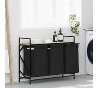 Kaloriko Panier Corbeille à Linge à 3 Compartiments avec étagère chêne Sonoma, trieur Linge en Acier, Rangement buanderie et Salle de Bain, Sac Amovible, 99 x 33 x 77 cm, Noir
