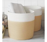 Kaloriko Paniers de Rangement en Coton Beige et Blanc Lot de 2, Ø28 x 28 cm, Pliables, tissés, décoratifs, pour Jouets, Linge, Plantes, Salon, Chambre, Placard