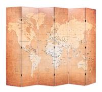 Kaloriko Paravent pliable 228 x 170 cm, carte du monde jaune, cadre en bois de sapin massif, toile imprimée des deux côtés, autoportant, pliable, brise-vue, cloison pour chambre à coucher, salon