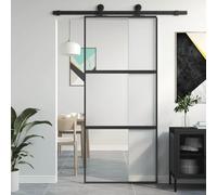 Kaloriko Porte coulissante noire 90x205 cm en verre trempé aluminium, panneau vitré pleine pour maison appartement façade, design moderne, sécurité, isolation thermique et phonique