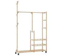 Kaloriko Porte-Vetements en Bambou Verni avec Etagere, roulettes et Freins, Organiseur Rangement pour Dressing, Placard, Chambre, penderie, Chaussures, Sacs, 100 x 38 x 175,5 cm, 3 Niveaux, 6 patères