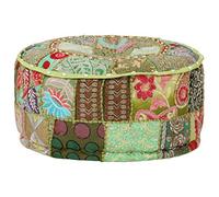 Kaloriko Pouf rond en coton patchwork - 40 x 20 cm - Fait à la main - Vert - Avec design vintage et broderies exotiques - Pour salon, canapé, fauteuil, confort
