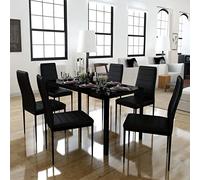 Kaloriko Salon à manger 7 pièces noir avec table en verre trempé, chaises en cuir synthétique, 120 x 60 x 74 cm, ensemble de meubles modernes pour repas, petit déjeuner, peu encombrant