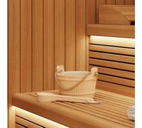 Kaloriko Seau de Sauna Marron en Bois de pin Massif et Chanvre, Ensemble 2 pièces avec louche, Vernis résistant, 27,5 x 25,5 x 20 cm, Usage intérieur et extérieur pour hammam et Spa