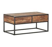 Kaloriko Table basse 90 x 50 x 40 cm en bois d'acacia brut avec 2 tiroirs et base en fer, table de salon stable avec finition naturelle, idéale pour le salon, le bureau et la salle à manger