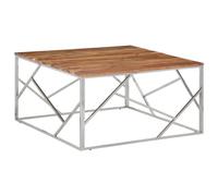 Kaloriko Table Basse argenté Acier Inoxydable Bois Massif d'acacia 100x100x50 cm avec Plateau épais 25 mm Table d'appoint Salon séjour Chambre Design Industriel Console Rangement