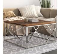 Kaloriko Table Basse argenté en Acier Inoxydable avec Plateau en Bois de mélèze Massif 80x80x40 cm, Meuble de Salon Multifonction, Console gigogne avec Rangement, Niche Design pour intérieur Maison