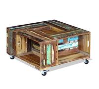 Kaloriko Table Basse Bois de récupération Massif 70x70x35 cm avec roulettes, Meuble Console Multifonction, Plateau Stable, Rangement tiroir pour Salon séjour Chambre intérieur Appartement