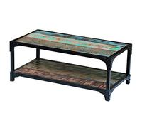 Kaloriko Table Basse Bois de récupération Massif avec Cadre Acier 90x45x35 cm Rangement étagère Design Vintage Salon séjour Chambre Meuble Console Plateau Robuste