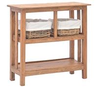 Kaloriko Table Console Bois d'acajou Massif 69x28x70 cm avec 2 paniers rotin Amovibles, étagère Rangement, Meuble Salon Chambre Bureau Vintage, Support décoratif Gain Place