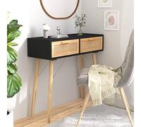 Kaloriko Table console noire 80 x 30 x 75 cm avec deux tiroirs en pin massif et rotin naturel pour salon, chambre à coucher, couloir, peu encombrante et décorative avec beaucoup d'espace de rangement