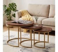Kaloriko Tables Basses gigognes 3 pièces en Bois de Mangue Massif et Acier Marron foncé Design Industriel pour Salon séjour Appartement intérieur avec Plateau Rond Rangement Multifonction